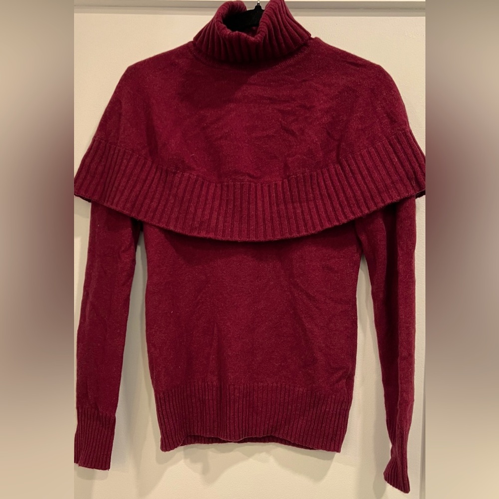 Antonio Melani, dark red turtleneck with attached shawl. Size small.